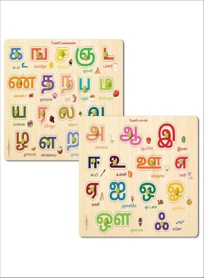 Khilonewale Wooden Knob Puzzle - Tamil Vowels & Consonants for Kids | 3+ Age Educational Toy | 9x12 Inch Montessori Learning Puzzle for Toddlers | Safe & Non-Toxic Preschool Alphabet Game - Image 1
